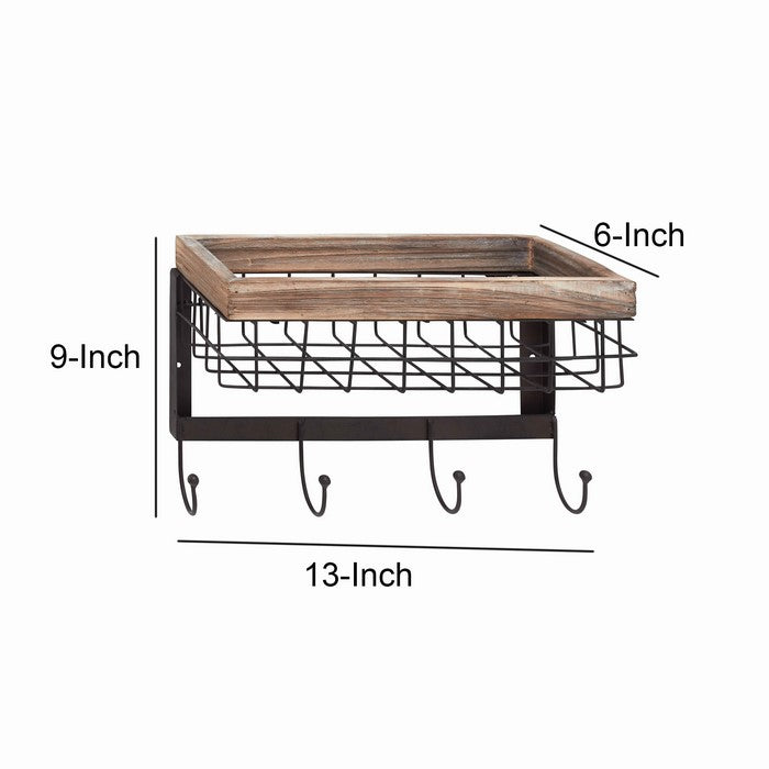 Rectangular Frame Wall Basket with Metal Grid Design Case, Brown and Black
