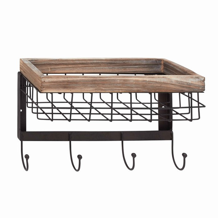 Rectangular Frame Wall Basket with Metal Grid Design Case, Brown and Black