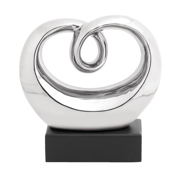 Abstract Shape Ceramic Table Decor with Wooden Base, Silver and Black