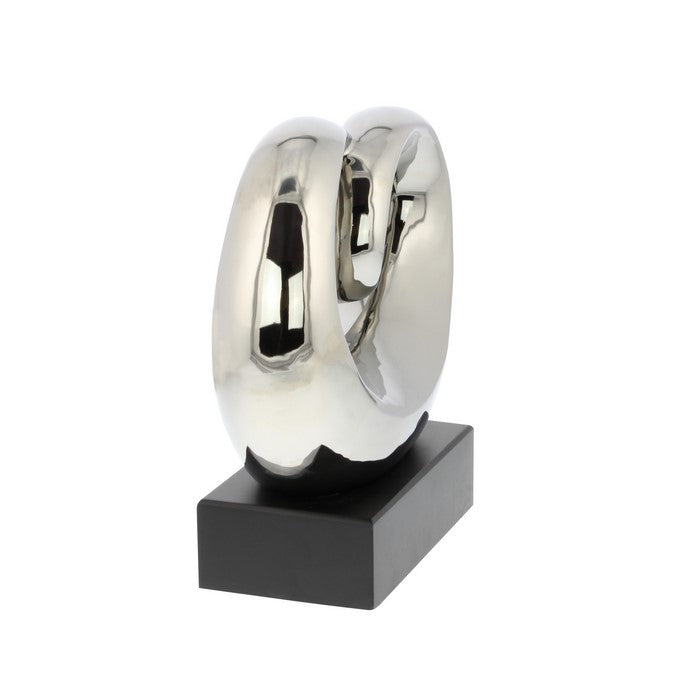 Abstract Shape Ceramic Table Decor with Wooden Base, Silver and Black