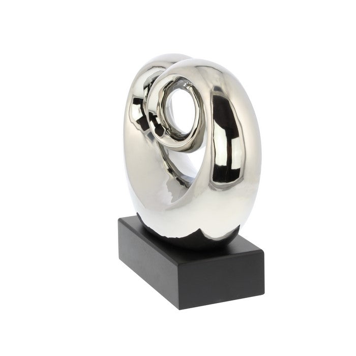 Abstract Shape Ceramic Table Decor with Wooden Base, Silver and Black