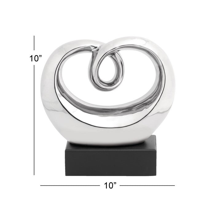 Abstract Shape Ceramic Table Decor with Wooden Base, Silver and Black