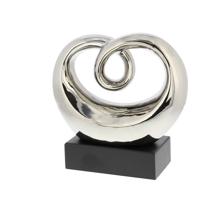 Abstract Shape Ceramic Table Decor with Wooden Base, Silver and Black