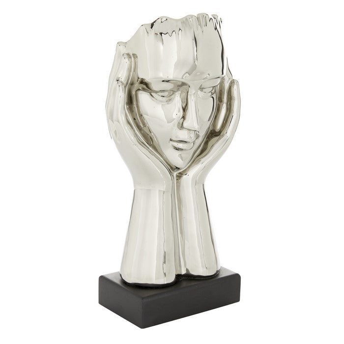 Ceramic Face with Human Hands and Block Base, Silver and Black