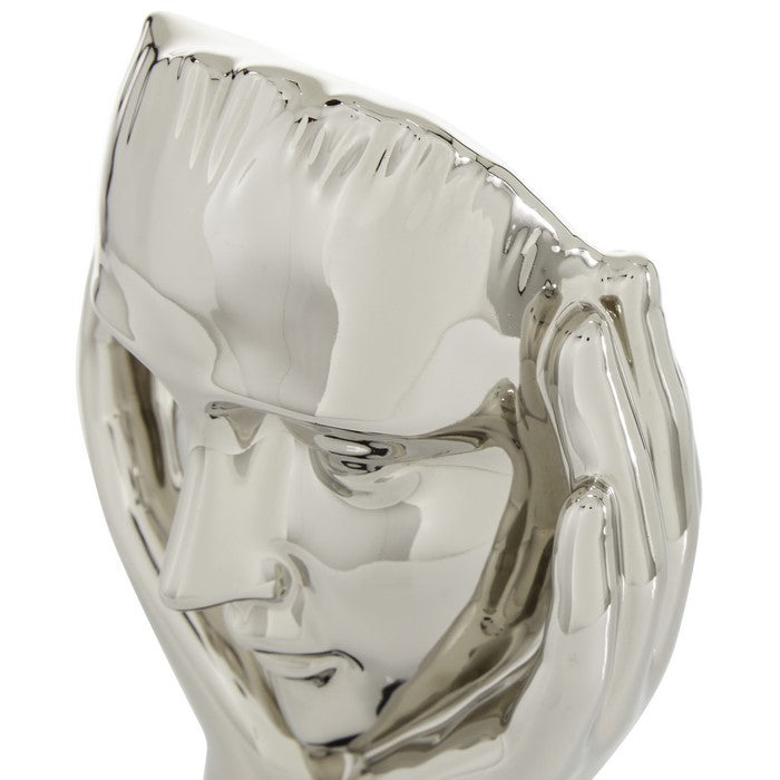 Ceramic Face with Human Hands and Block Base, Silver and Black