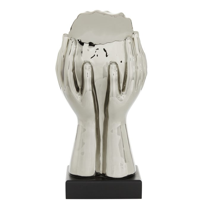 Ceramic Face with Human Hands and Block Base, Silver and Black