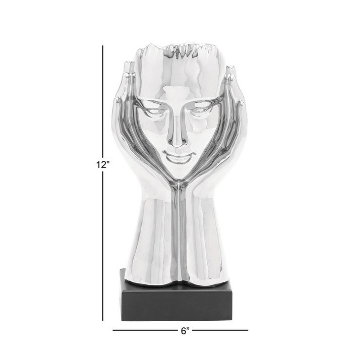 Ceramic Face with Human Hands and Block Base, Silver and Black