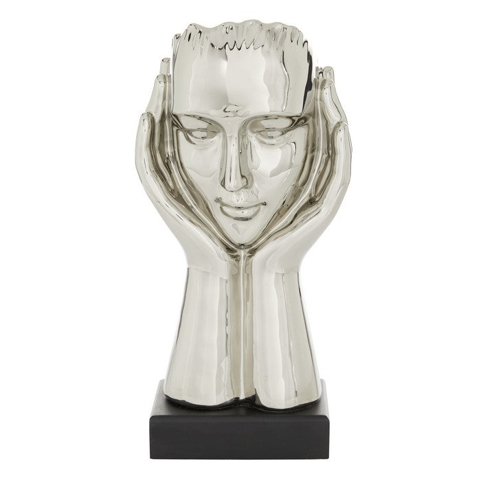 Ceramic Face with Human Hands and Block Base, Silver and Black