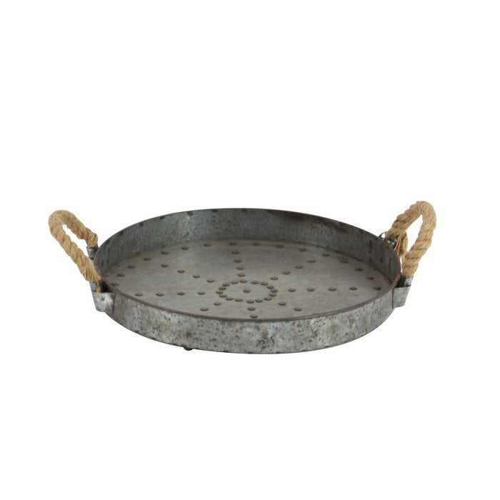 Round Shape Metal Tray Top with Rope Handles, Galvanized Gray