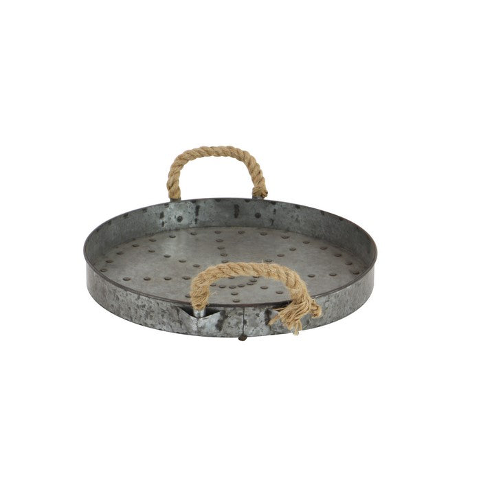 Round Shape Metal Tray Top with Rope Handles, Galvanized Gray