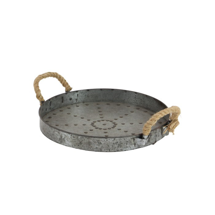 Round Shape Metal Tray Top with Rope Handles, Galvanized Gray