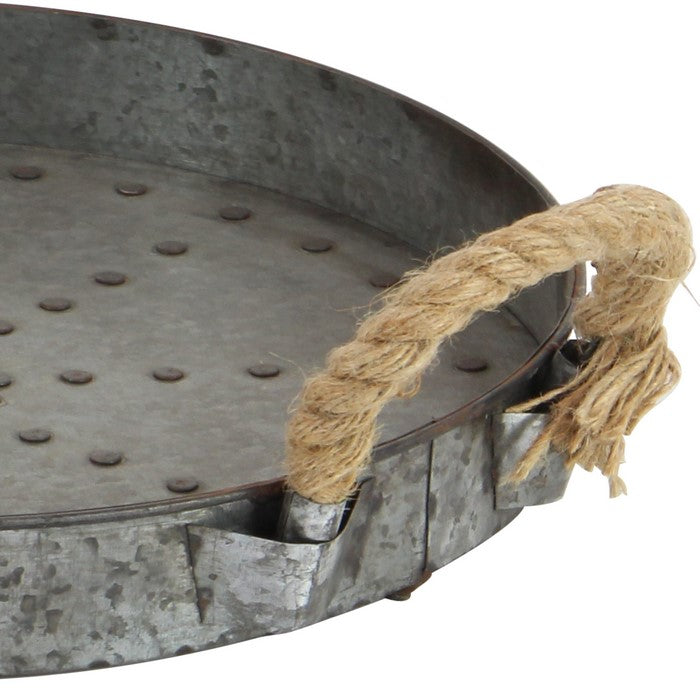 Round Shape Metal Tray Top with Rope Handles, Galvanized Gray