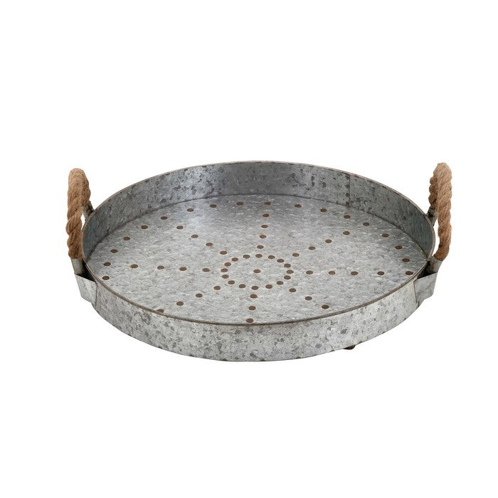 Round Shape Metal Tray Top with Rope Handles, Galvanized Gray