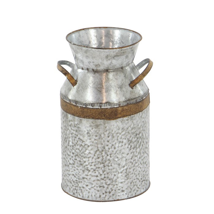 Metal Milk Can with Rust Accents and Curved Handles, Galvanized Gray