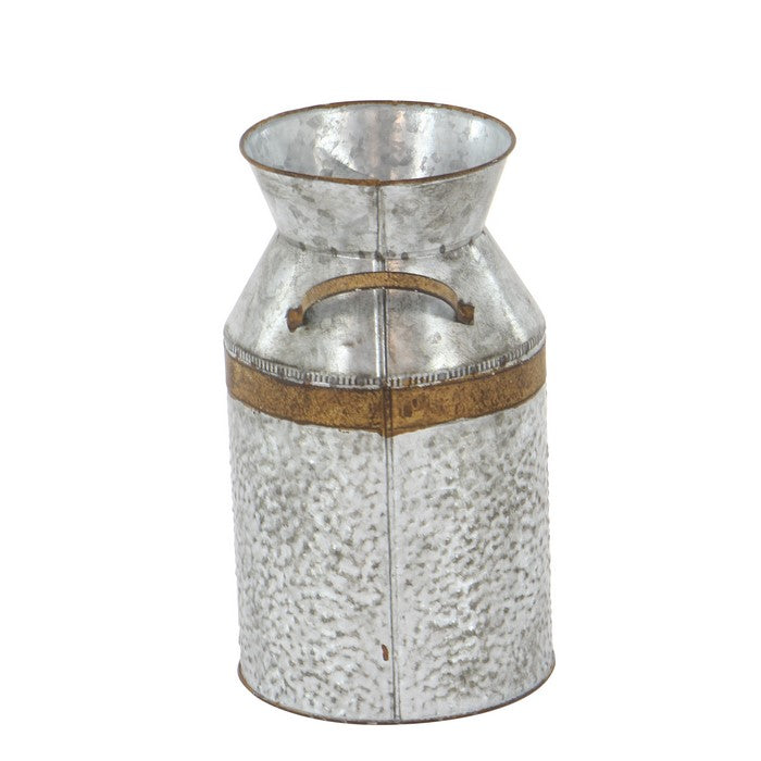 Metal Milk Can with Rust Accents and Curved Handles, Galvanized Gray