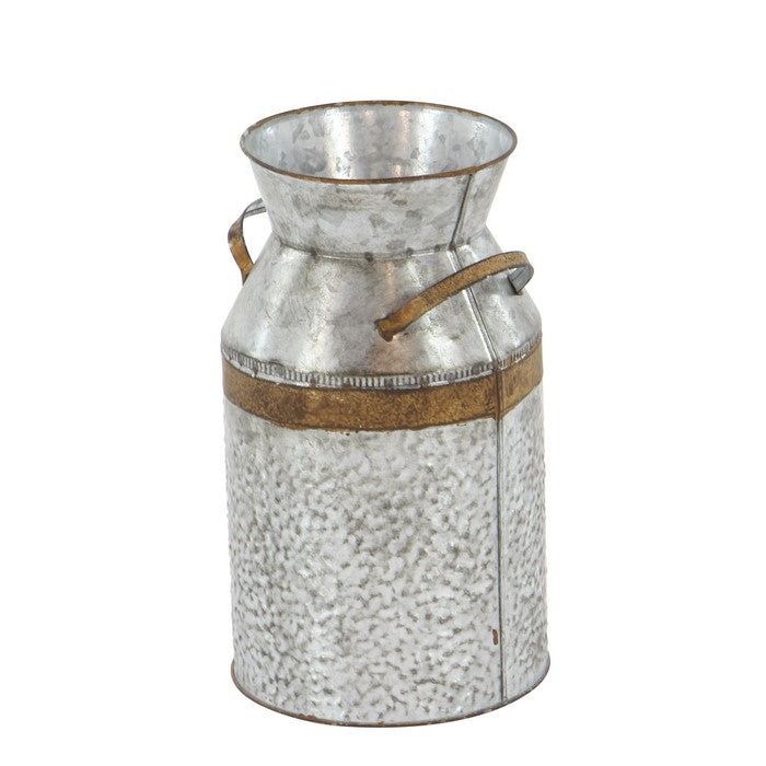 Metal Milk Can with Rust Accents and Curved Handles, Galvanized Gray