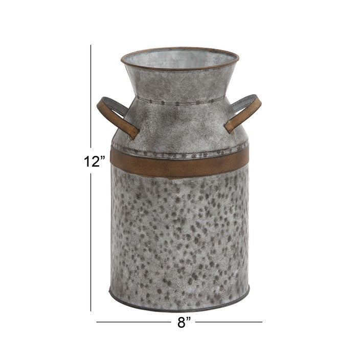 Metal Milk Can with Rust Accents and Curved Handles, Galvanized Gray