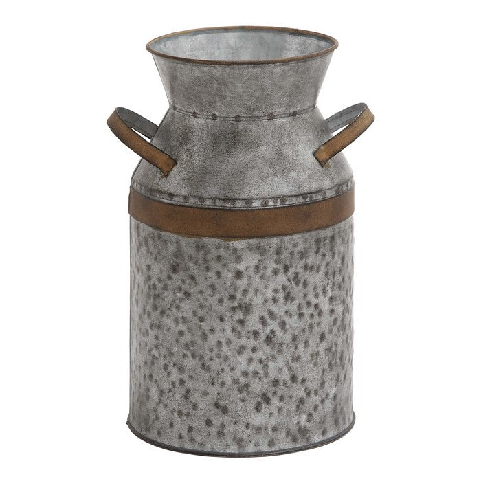 Metal Milk Can with Rust Accents and Curved Handles, Galvanized Gray