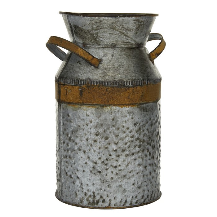 9 Inch Metal Milk Can with Rust Accents and Curved Handles,Galvanized Gray