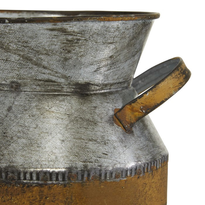 9 Inch Metal Milk Can with Rust Accents and Curved Handles,Galvanized Gray