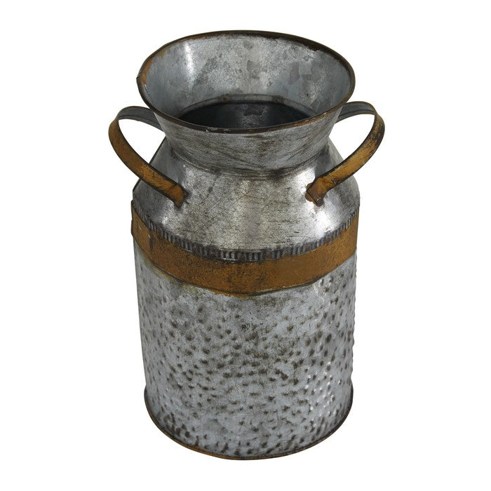 9 Inch Metal Milk Can with Rust Accents and Curved Handles,Galvanized Gray