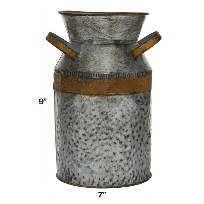 9 Inch Metal Milk Can with Rust Accents and Curved Handles,Galvanized Gray