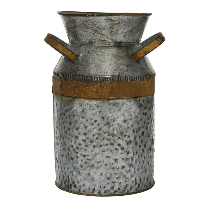 9 Inch Metal Milk Can with Rust Accents and Curved Handles,Galvanized Gray