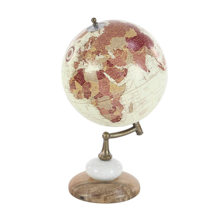 Round Globe with Printed Map Design and Wooden Base, Multicolor