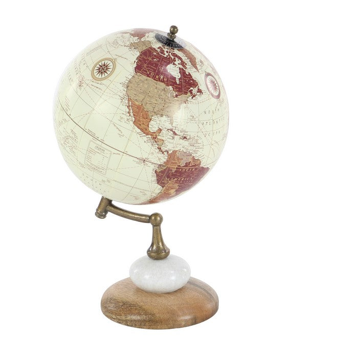 Round Globe with Printed Map Design and Wooden Base, Multicolor