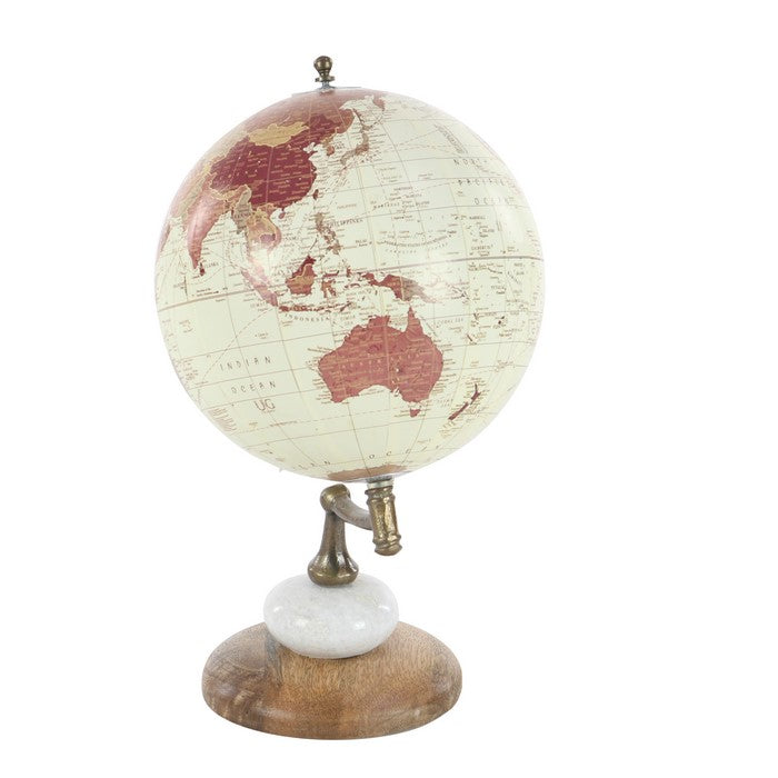 Round Globe with Printed Map Design and Wooden Base, Multicolor