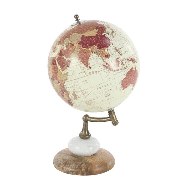 Round Globe with Printed Map Design and Wooden Base, Multicolor