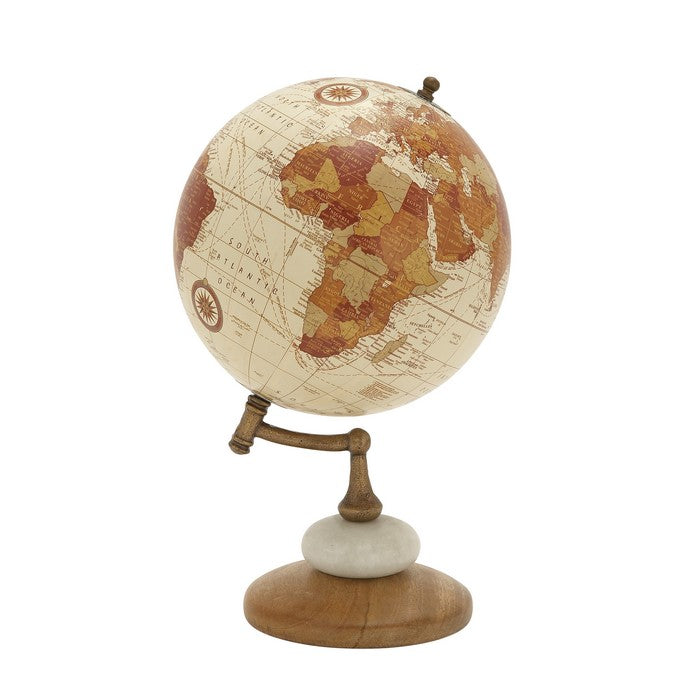 Round Globe with Printed Map Design and Wooden Base, Multicolor