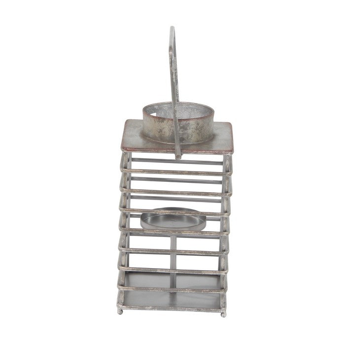 Square Shape Metal Lantern with Cage Design and Round Top, Gray