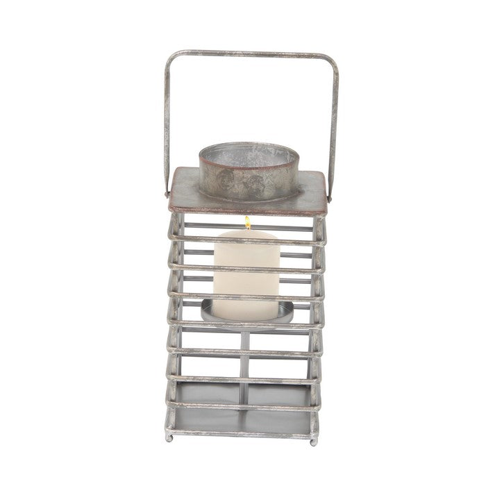 Square Shape Metal Lantern with Cage Design and Round Top, Gray