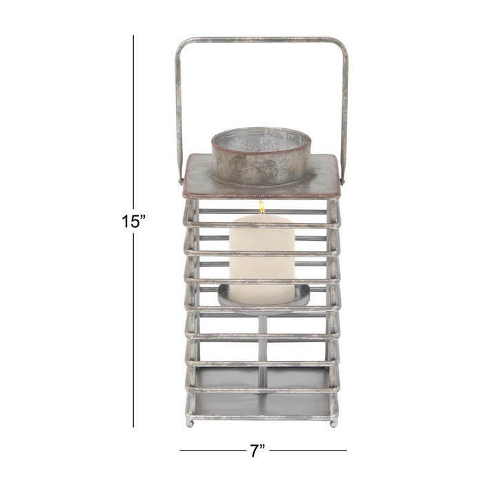 Square Shape Metal Lantern with Cage Design and Round Top, Gray