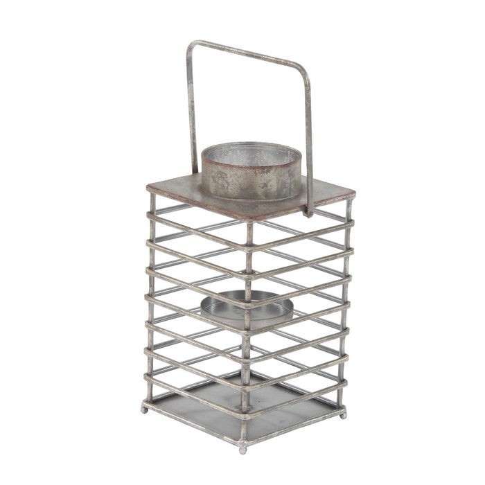 Square Shape Metal Lantern with Cage Design and Round Top, Gray