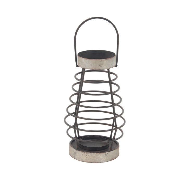 Metal Lantern with Pot Bellied Shape and Ring Type Body, Black and Gray