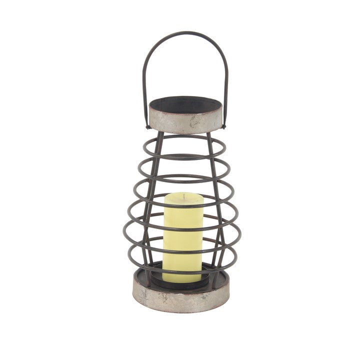 Metal Lantern with Pot Bellied Shape and Ring Type Body, Black and Gray