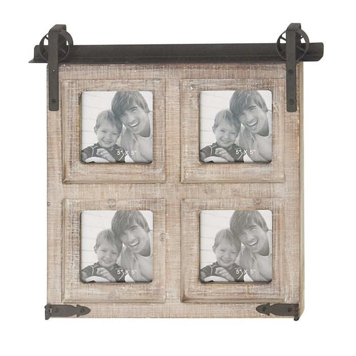 Wooden Photo Frame with 4 Slots and Metal Accents, Brown and Black