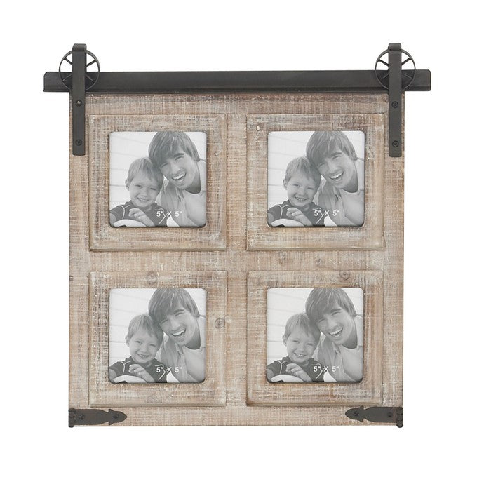 Wooden Photo Frame with 4 Slots and Metal Accents, Brown and Black
