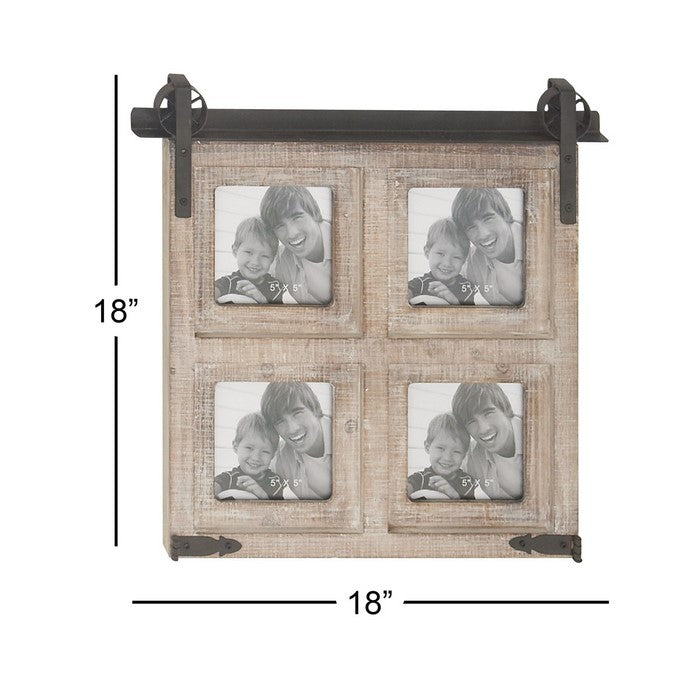 Wooden Photo Frame with 4 Slots and Metal Accents, Brown and Black