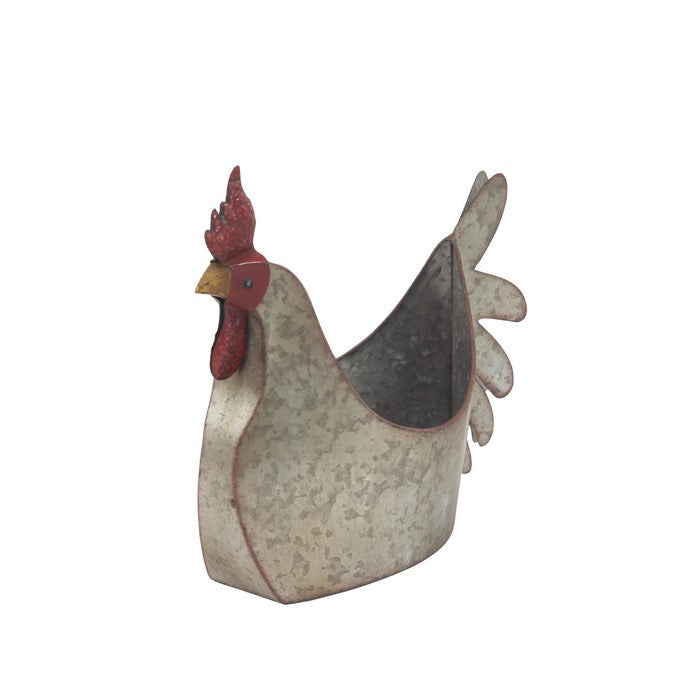 Metal Chicken Design Planter with Beak and Tail, Weathered Gray