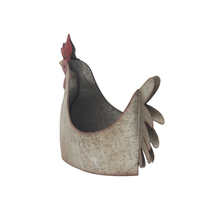 Metal Chicken Design Planter with Beak and Tail, Weathered Gray