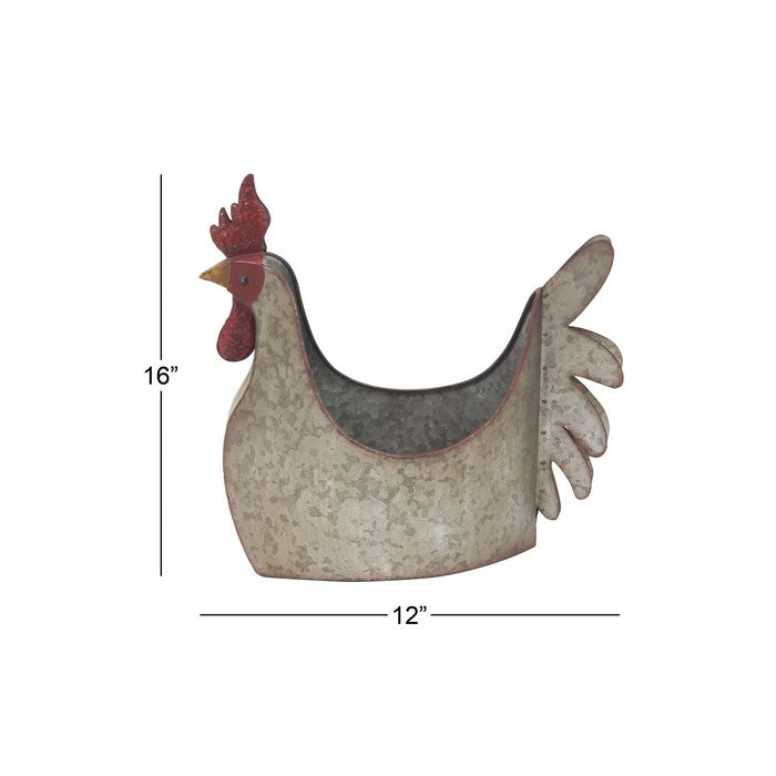 Metal Chicken Design Planter with Beak and Tail, Weathered Gray