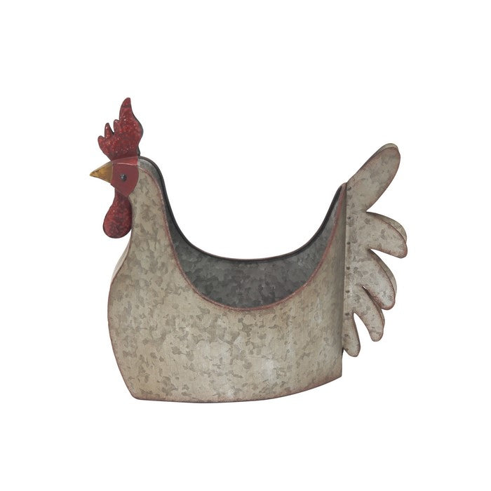 Metal Chicken Design Planter with Beak and Tail, Weathered Gray