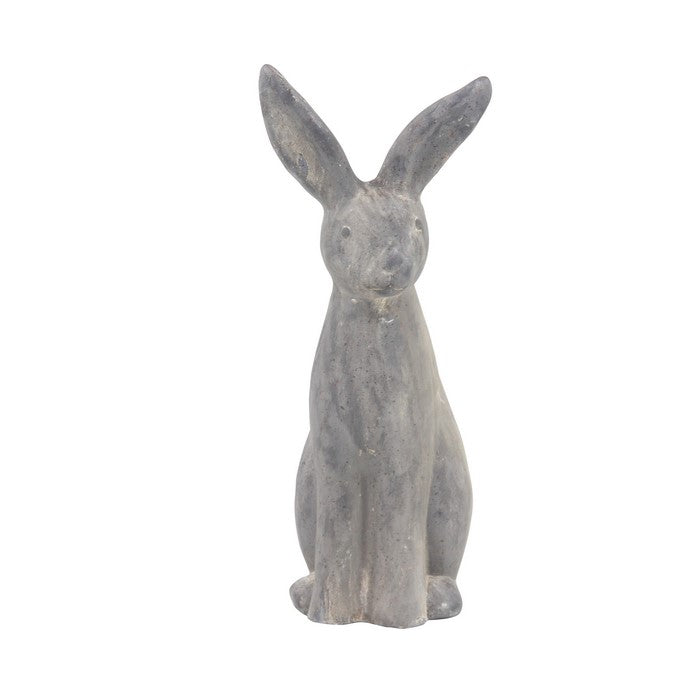 Polystone Sitting Rabbit Statuette with Raised Ears, Weathered Gray
