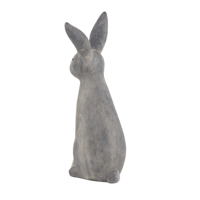 Polystone Sitting Rabbit Statuette with Raised Ears, Weathered Gray