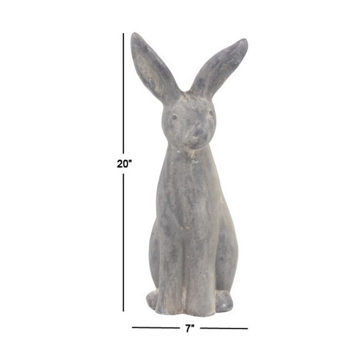 Polystone Sitting Rabbit Statuette with Raised Ears, Weathered Gray