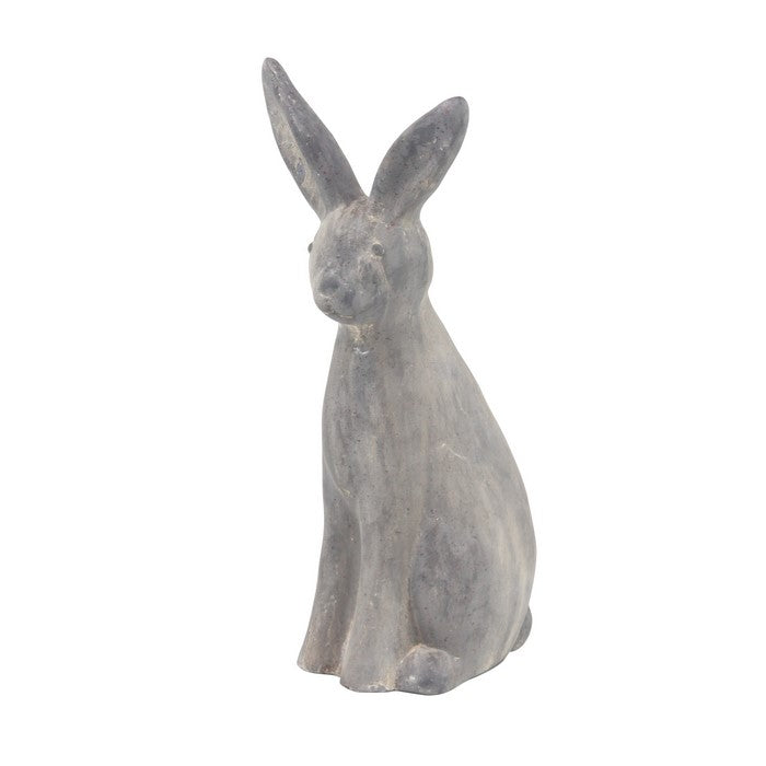 Polystone Sitting Rabbit Statuette with Raised Ears, Weathered Gray