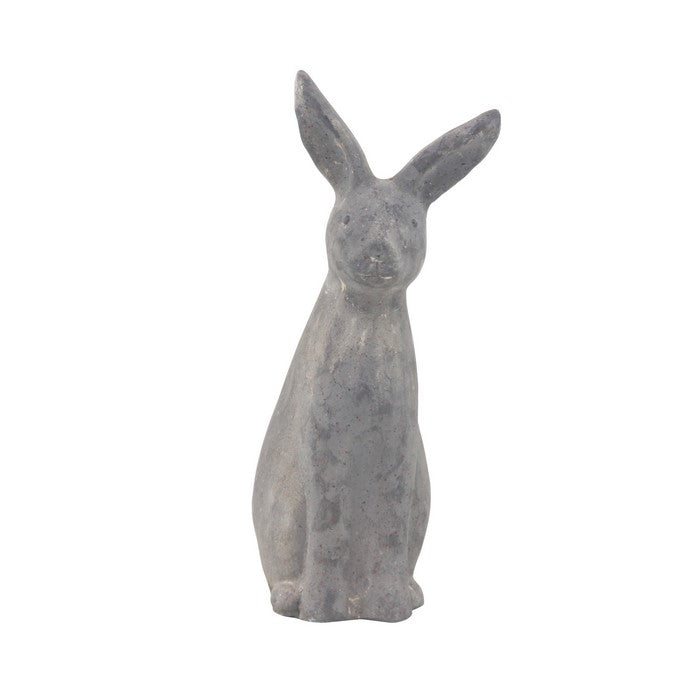 Sitting Rabbit Polystone Statuette with Raised Ears, Weathered Gray